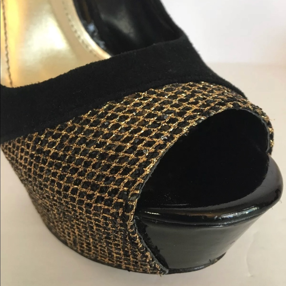 Wild Pair black suede gold mesh peep toe heels 7.5 - Picture 6 of 8